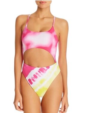Aqua Pink and Yellow Tie-Dye Cutout One-Piece